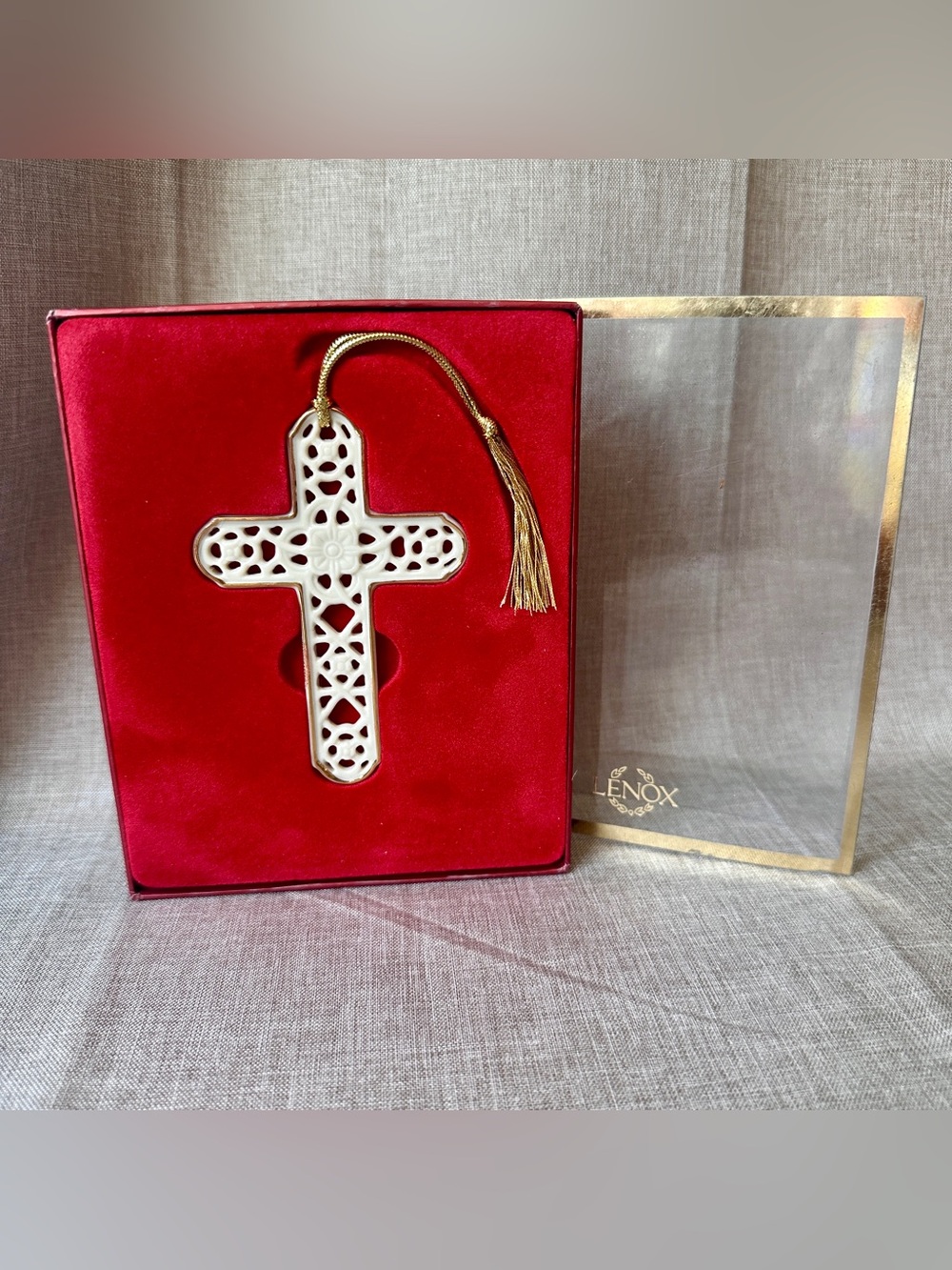Lenox Cross Christmas Ornament porcelain and gold, woven with tassel in box